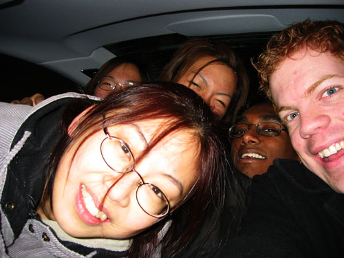 Brigette, Prae, Anita, Jeff and myself squeezed in the back seats of Micheal's BMW.