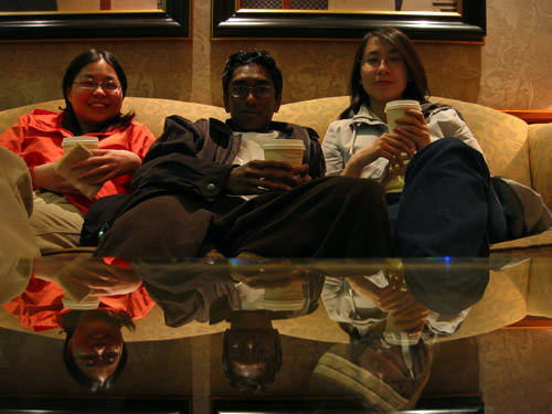 Sitting left to right, Angela, Myself and Tiffany at the lobby of the hilton next to Casino Niagara.