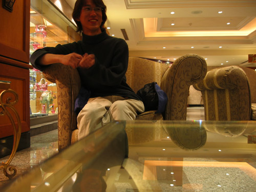 Yan in the lobby of the Hilton Hotel next to Casino Niagara.