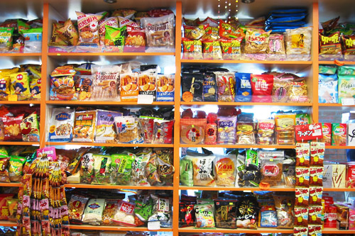 A shelf of Asian candy in a candy store in Pacific Mall