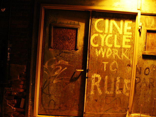 The entrance to Cinecycle, a music venue in Toronto.