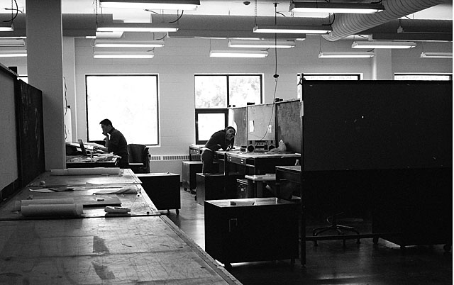 Shima and Jeff working in the old architecture studio.