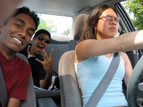 Steph, Rishi and I driving around in Steph's car.