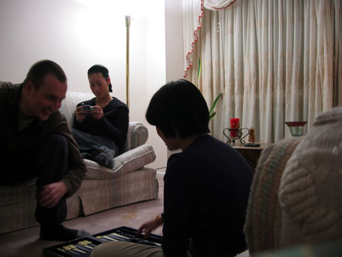 Carvill, Dave and Limin sitting in my living room.