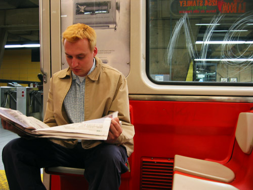 Dave riding on the Metro, Montreal's subway.