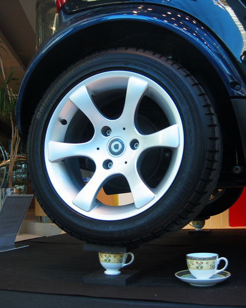 A car sitting on top of some tea cups.