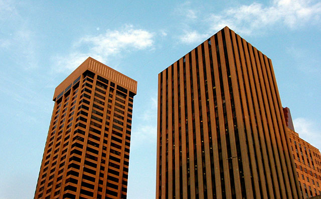 A pair of buildings near city hall.