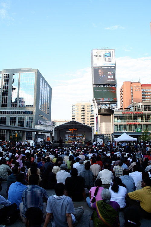 Crowds gather to hear speeches on the situation in Sri Lanka.