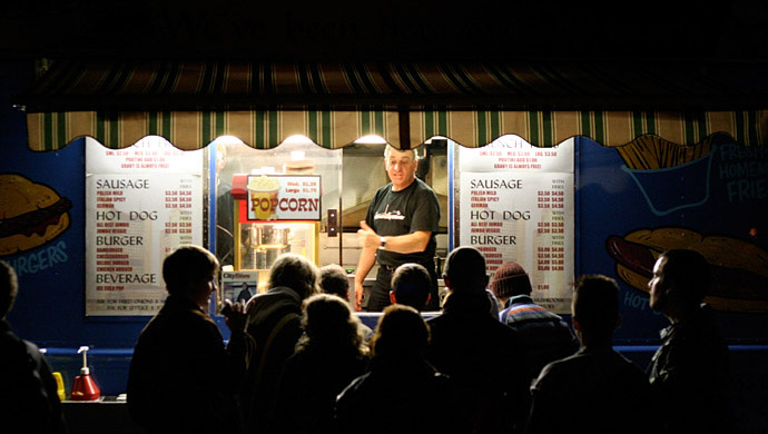 A chip-truck vendor talking to his customers.