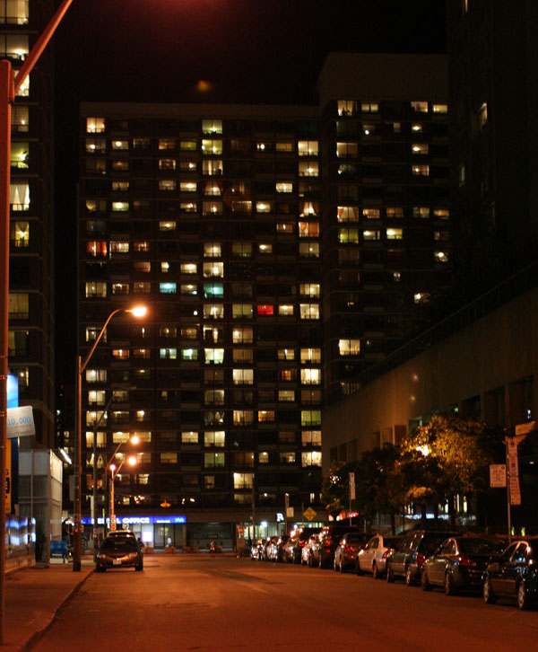 An apartment building at Bay and Bloor.